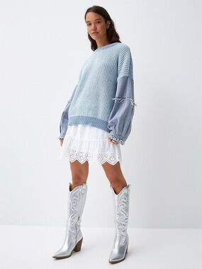 NEW. Simons Denim Sleeve Bohemian Mixed Material Sweater. NWT